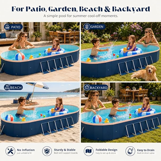 12 ft Foldable Non-Inflatable Swimming Pool, 143.70 x 98.43 x 19.69 in, Blue PVC Backyard Pool with Aluminum Alloy Triangle Supports for 3 Adults and 5 Children