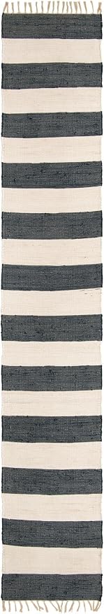 Unique Loom Chindi Rag Collection Area Rug - Striped (2' 6" x 16' 5" Runner, Navy Blue/ Ivory)