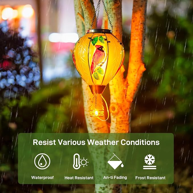 Large Hot Air Balloon Cardinal Solar Lantern Lights with Flame, Green Glass Balloon Lantern Waterproof Outdoor Decor for Garden Yard Patio, Birthday Mother's Day Gifts for Moms Women
