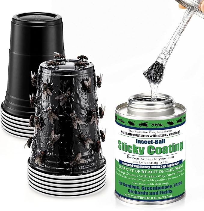 Insect Trap Sticky Coating with Brush and 12 Pcs Plastic Cups, 8 oz Insect Barrier Kit Outdoor DIY Adhesive Coating Pests for Gardens Greenhouses Orchards Plants(Biting Fly Trap Kit)