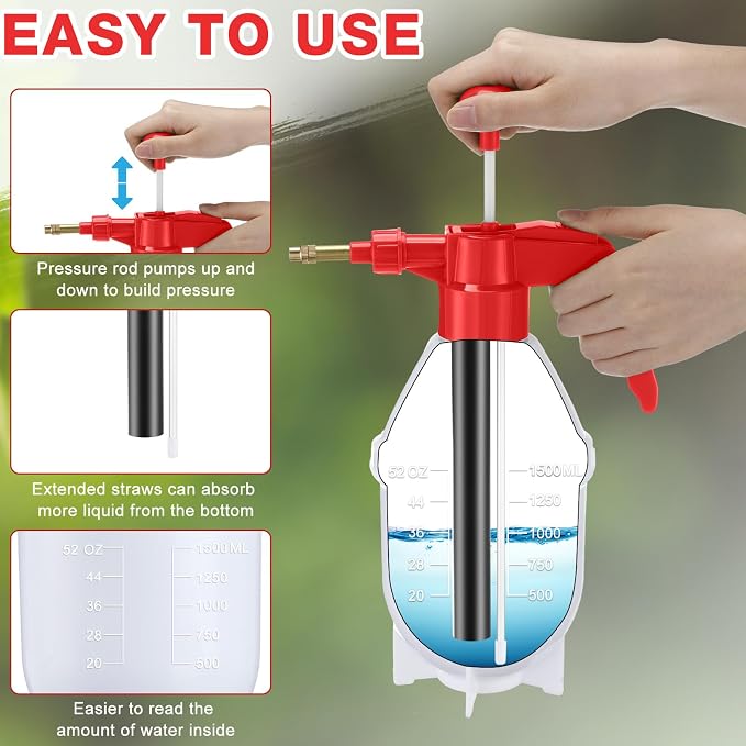 Ziliny 2 Pcs50 oz Handheld Pump Spray Bottle Garden Mister Spray Bottles Lawn Pressure Hand Pump Sprayer with Adjustable Nozzle for Chemicals Watering Weeds Plants and Cleaning (Red)