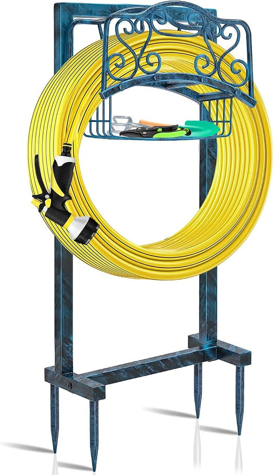 Garden Hose Holder for Outside - Upgraded Water Hose Holder Holds with Storage Basket, Heavy Duty Metal Freestanding Garden Hose Storage Reel Rack for Outdoor Yard Lawn (Blue)