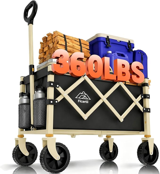 Collapsible Wagon 360LBS Heavy Duty Foldable Utility Cart | Beige Anti-Rust Frame, Black 600D Fabric Removable Liner, Tempered PU All-Terrain Wheels, Fold for Camping Garden Grocery