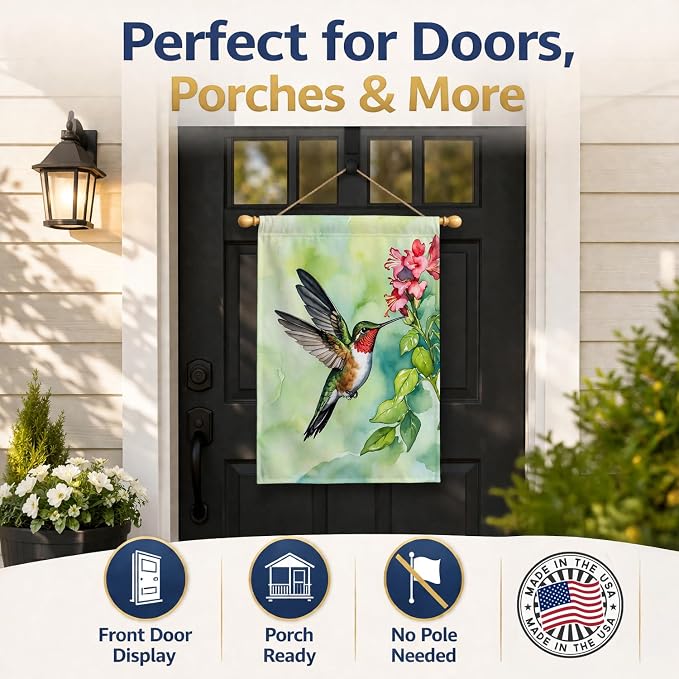 Caroline's Treasures Rubythroated Hummingbird House Flag Large Porch Sleeve Pole Decorative Outside Yard Banner Artwork Wall Hanging, Polyester, House Size, Multicolor