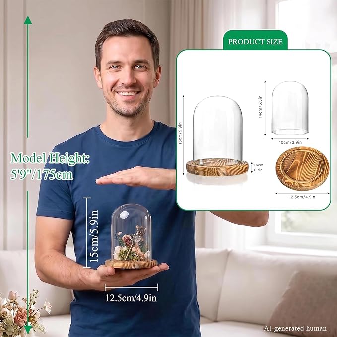 ZEERSHEE Cloche Glass Dome with Wooden Base, 5.5" x 3.9" Display Case | Clear Glass Cover, Stable Wood Base, Perfect for Flowers, Crafts, Candles & Collectibles