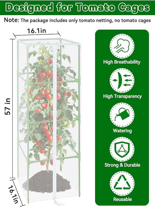 ZeeDix 57" x 16.1" Garden Bird Netting for Square Tomato Cage, 4 Pack Garden Mesh Barrier, Plant Covers Protect Tomatoes, Vegetables, Blueberry Bush from Birds & Pests