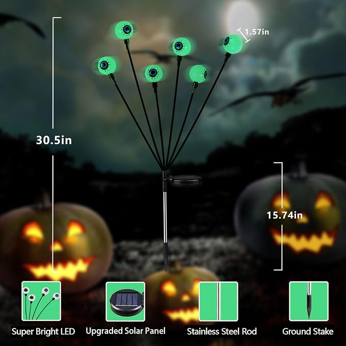 2026 Upgraded 6 Pack Halloween Decorations Outdoor, Green Solar Eyeball Lights, 36 LED Eye Balls Swaying Firefly Light Waterproof (Soft Glowing or Steady on) for Garden Lawn Pathway Grave Yard Decor
