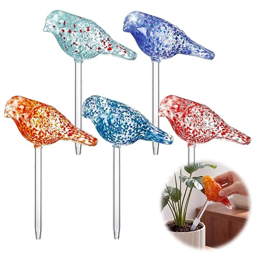 Duraaamo Self Watering Plant Globes Set of 5 - Bird Shaped Multicolor Hand Blown Glass Watering Bulbs, Automatic Plant Accessories Devices for Indoor & Outdoor Plants, Decorative Garden Stakes