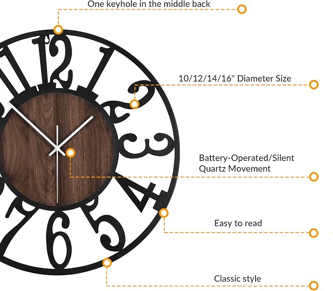 LEIKE 10in Arabic Numeral Wall Clock Battery Operated Black, Silent Non Ticking, Wall Clocks for Living Room Decor, Small Classic for School, Office, Home, Kitchen, Bedroom