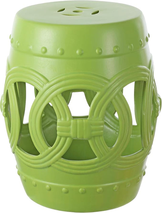JONATHAN Y Lucky Coins 16" Ceramic Garden Stool, Contemporary Matte Green Cutout Interlocking Rings Drum Indoor/Outdoor Side Table and Plant Stand for Patio, Garden, Living Room TBL1022H