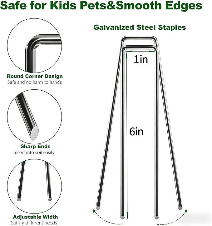 AMAGABELI 6 Inch 100 Pack Galvanized Landscape Staples 11 Gauge Anti-Rust Heavy Duty Garden Stakes Plant Cover Spikes U-Shaped Sod Pins Fence Stakes for Weed Barrier,Irrigation Tubing,Lawns,Decoration
