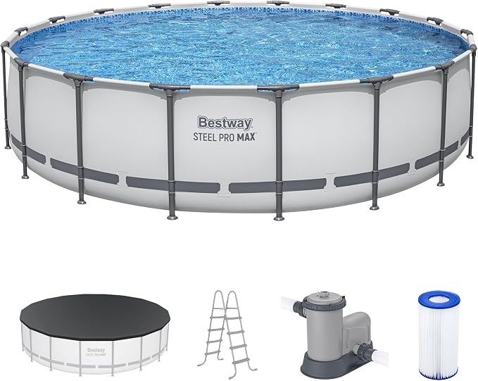 Bestway Steel Pro MAX 18' x 48" Above Ground Swimming Pool Set with Pump | Durable Round Metal Frame Outdoor Backyard Pool, Puncture-Resistant Liner - Ladder and Cover Included, Gray