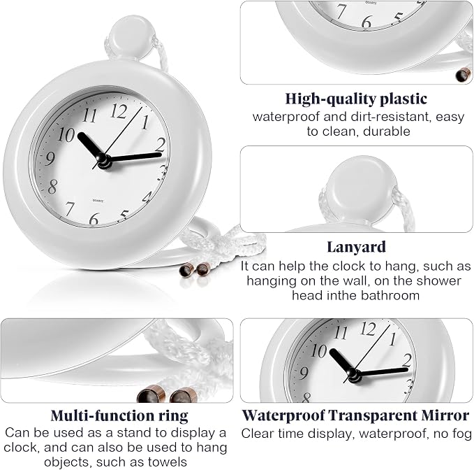 Weewooday Waterproof Bathroom Clock Small Digital White Shower Wall Clock with Easy Reading Face for Bathroom Pool Supplies(Lanyard)