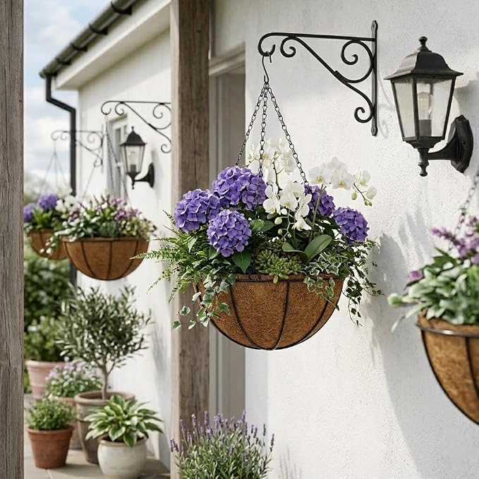 10 Inch Metal Hanging Basket with Coco Coir Liner for Flowers Planting, 4 Pack Hanging Baskets for Plants Outdoor, Round Wire Planters with Chain for Home Patio Porch Balcony Garden Decor