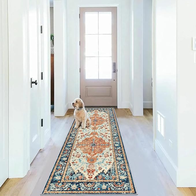U'Artlines 2' x 6' Boho Hallway Runner Rug, Washable Carpet, Orange/Multi | Non Slip, Vintage Farmhouse Accent Area Rug Carpet, for Kitchen Entryway Laundry and Living Room