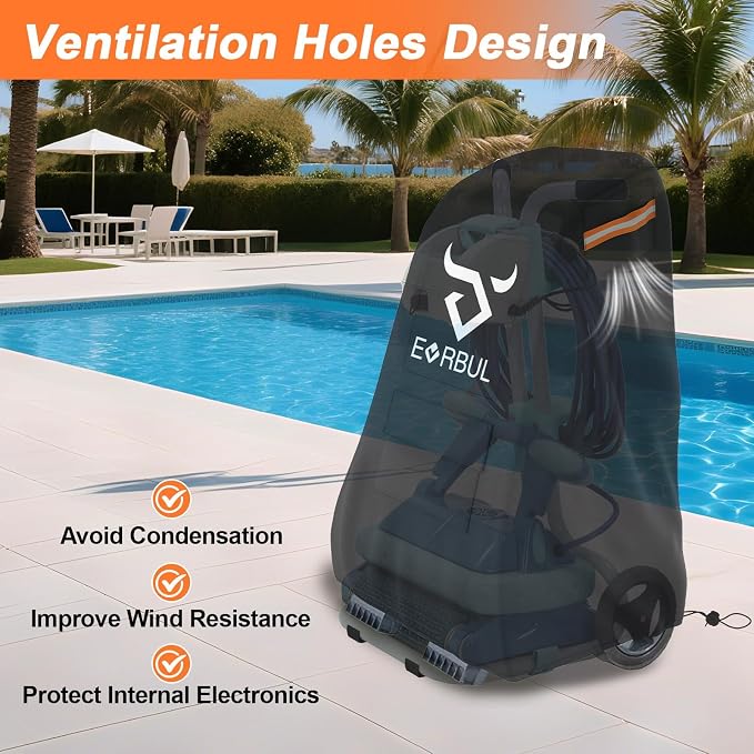 EVRBUL Pool Cleaner Caddy Cover, 26" L x 22" W x 42" H Heavy Duty 420D Waterproof Robotic Pool Caddy Cover with Air Vent, Reflective Strip, Windproof Drawstring
