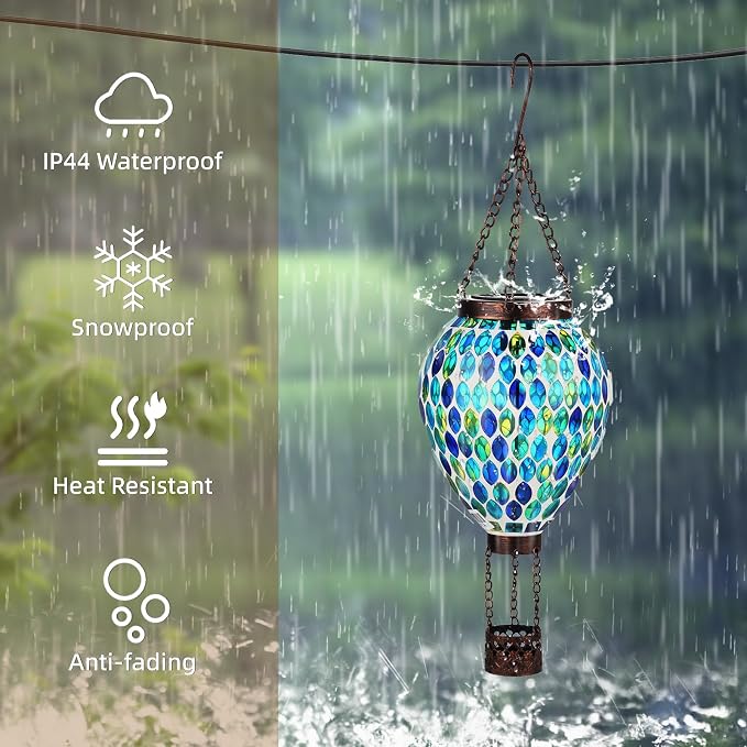 VOREEN Hot Air Balloon Solar Lantern, Handmade Mosaic Solar Outdoor Hanging Wind Light, Waterproof, Patio Festive Decor, Gift for Mom Wife Friend, Blue
