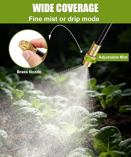 32FT 5/16" Misting Irrigation System for Garden with 10 Adjustable Nozzles | 360° Bendable Copper Nozzles, Quick Connect, Steady Flow, UV-Resistant PE Tubing & Accessories, Garden Beds& Greenhouse