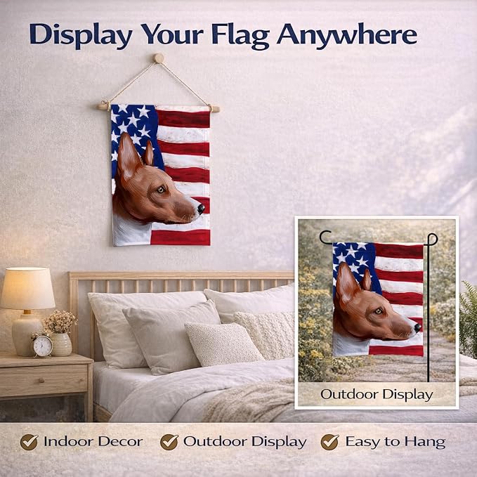 Caroline's Treasures CK6417GF Basenji American Flag Garden Flag Mailbox Flag Decorative Yard Flag Banner Outside Patio Artwork Yard Flower Beds, Garden Size, Multicolor