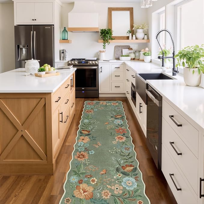 Lahome Floral Washable Runner, 2'6''x8' Soft Hallway Runner Rug Non Slip | Boho Ultra-Thin Kitchen Runners for Hallways with Rubber Backing Carpet for Laundry Bedroom Flore (Green)