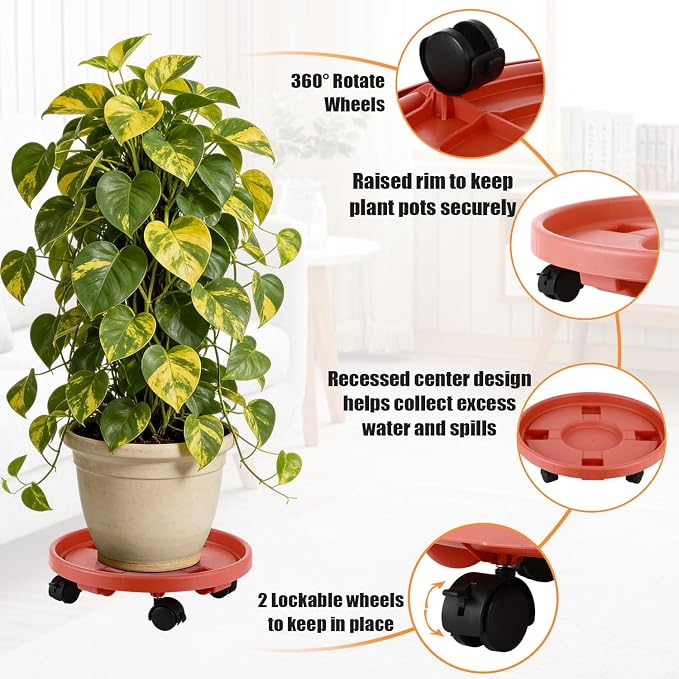 5-pack 13" Large Plant Caddy with Wheels Plastic Plant Dolly with Caster Flower Pot Mover Rollers Wheeled Rolling Plant Stands Round Plant Saucer Indoor Outdoor Base Coasters,Terracotta red