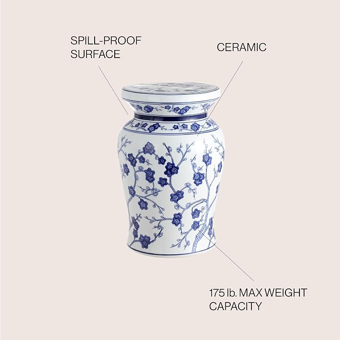 JONATHAN Y Cherry Blossom 18" Ceramic Chinoiserie Garden Stool, Traditional Floral Accent Side Table and Plant Stand for Indoor/Outdoor Garden, Patio, Living Room, Blue/White TBL1016A