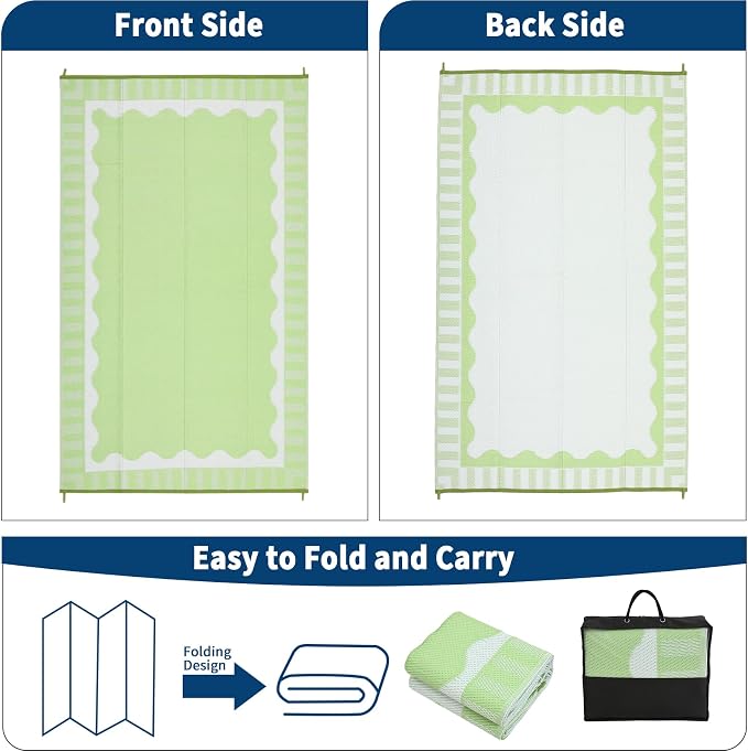Garvee 9x12 Outdoor Rug, Scalloped Border Waterproof Camping Rugs for Outside Your RV, Modern Foldable Plastic Straw Rug, Reversible UV Resistant Mats for Backyard Deck Porch Camper, Light Green