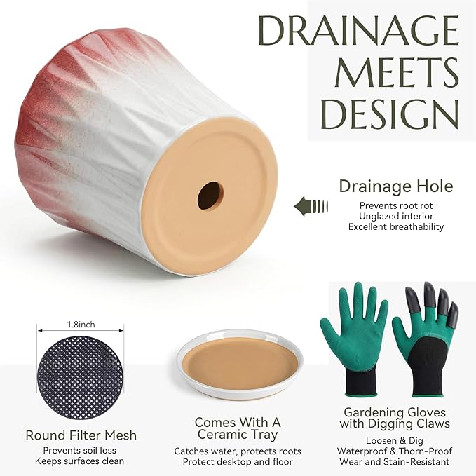 10 Inch Ceramic pots for Plants with Saucer Drainage Leak-Proof Mesh, Round Plant Pot with Gardening Gloves for Indoor Outdoor Plants (Rippled Pink)