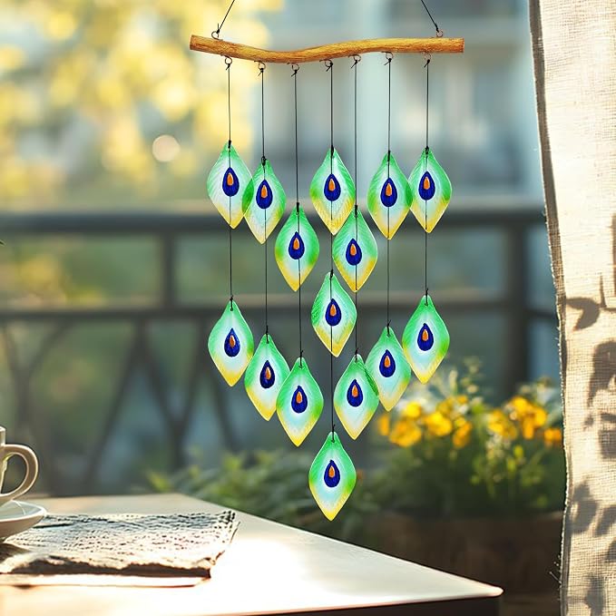 Handmade Peacock Feathers Glass Wind Chimes – Sea Glass Garden Windchimes for Outside, Hand-Painted Glass Suncatcher, Durable