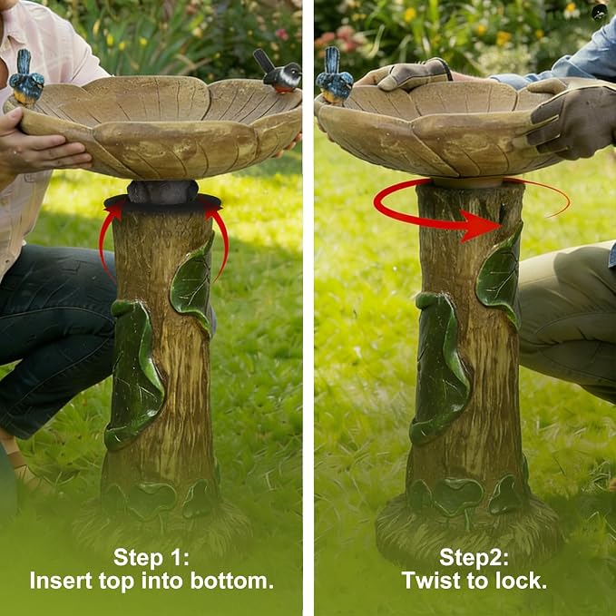 SunJet 24” High x 19” Diameter Outdoor Bird Bath with Tree Stump Leaf Design - Fibre Reinforced Concrete Birdbaths for Garden, Patio, Yard, Lawn Décor