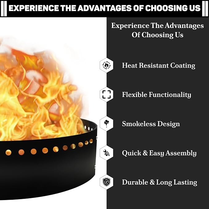 FEBTECH - 45" D x 10" H Outdoor Smokeless Fire Ring Insert - Steel Liner | Portable Heat Resistant Fire Ring for In-Ground or Above-Ground Setups, Camping Bonfires & Gatherings