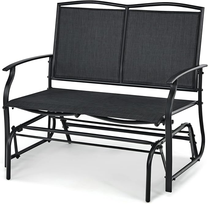 Tangkula 2-Person Patio Glider Bench, Outdoor Rocker Glider Loveseat Chair W/Heavy-Duty Steel Frame, Breathable Seat Fabric, Rocking Lounge Chair for Poolside, Garden, Backyard (Black)