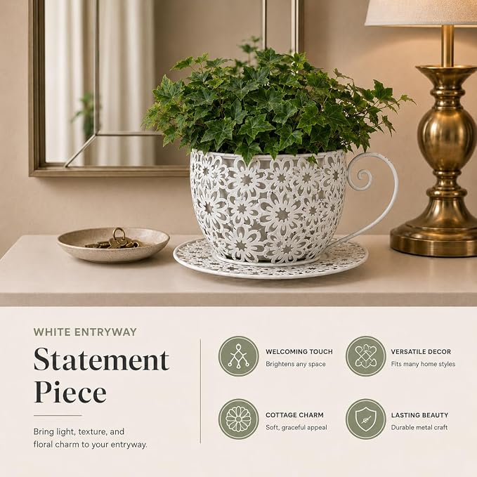 12 Inch Antique Metal Teacup Planter for Outdoor Plants Teapot Planter Floral Hollow Out Decorative Rustic Iron Flower Pot for Summer Garden Patio Home Decor (Cream White)