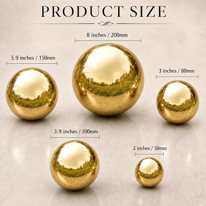 Gazing Ball Garden Mirror Outdoor - Outside Decorative Globe, Gold, 8Pcs | Metal Polished Reflective Sphere, Stainless Steel Hollow Decoration Ornament for Home Pond Swimming Pool Housewarming Gift