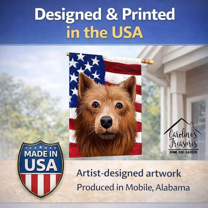 Caroline's Treasures CK6525CHF Finnish Spitz Dog American Flag House Flag Large Porch Sleeve Pole Decorative Outside Yard Banner Artwork Wall Hanging, Polyester, House Size, Multicolor