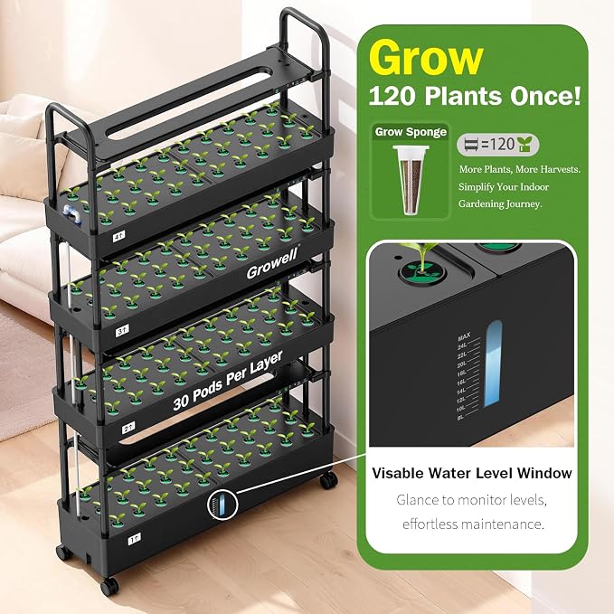 Growell 120 Pods Large Hydroponics Growing System Kit, Indoor Hreb Garden | Vertical Hydro Garden with 2 Light Modes & 2 Timer, Smart Water Circulation, 48L Water Tank, Movable & Space-Saving Design