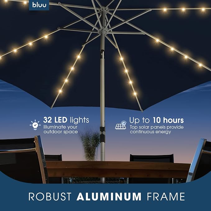 BLUU 10 Ft Patio Umbrella with Solar LED Lights, 5-Year Fade-Resistant Aluminum Outdoor Table Umbrella with Tilt Adjustment and Crank for Pool, Deck, Garden and Lawn, Navy Blue