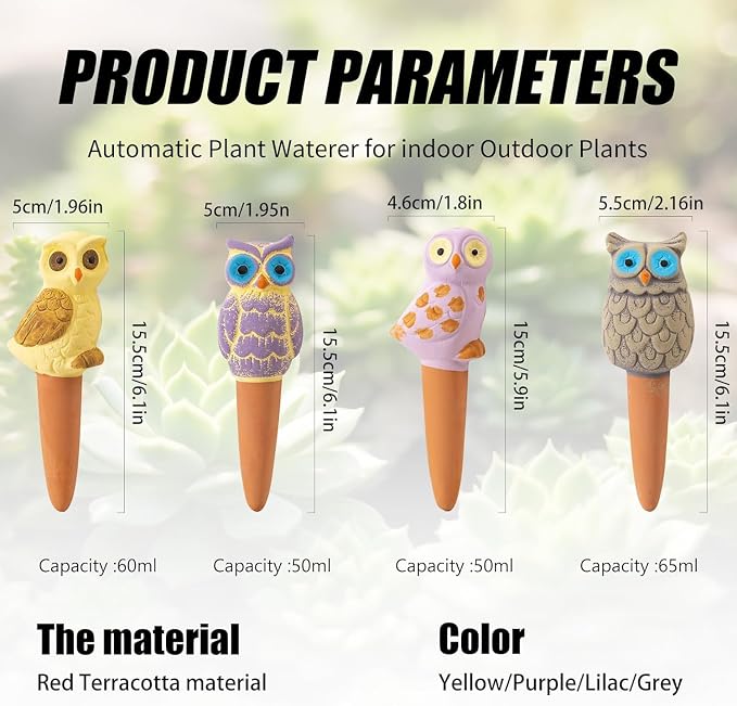 4 Pack Handmade Terracotta Owl Watering Spikes and Globes, Self-Watering Plant Devices with Slow Release System for Continuous Moisture, Perfect Water Bulbs for Indoor and Outdoor Plants Vacation Use