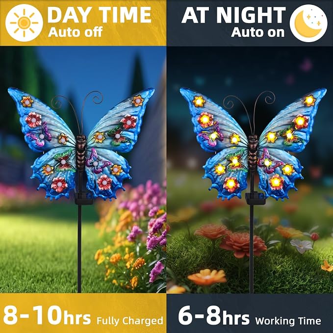 Butterfly Solar Lights Outdoor Waterproof 50.0" Large with String Bulbs and Flowers, Solar Garden Stakes Butterfly Yard Decor Gardening Gifts for Women Mom Grandma Gardeners Enthusiasts