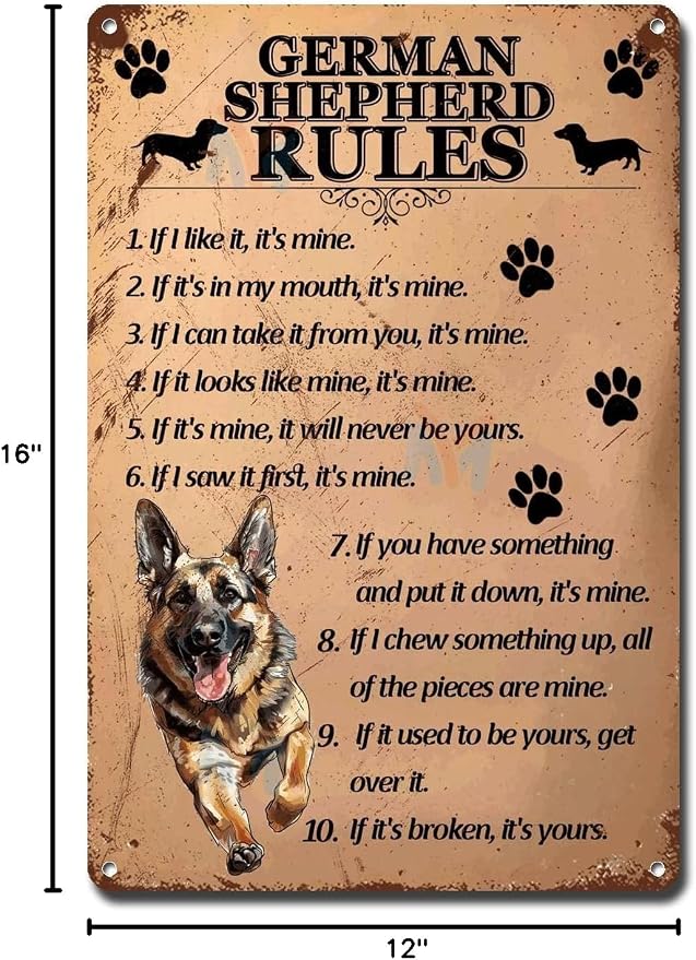 Metal Sign Tin Sign Vintage Wall Art German Shepherd Rules Bathroom Signs Decor for Club 12×16 Inches