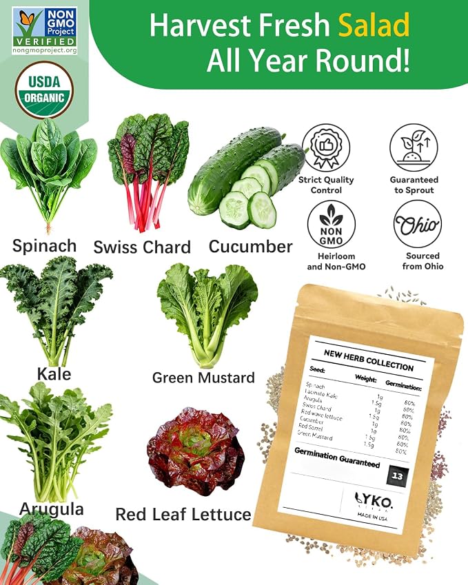 LYKOCLEAN 8-pod Salad Seeds Pod Kit for AeroGarden, iDOO, Ahopegarden Hydroponics Growing System, 350+ Seeds (Include Spinach, Lacinato Kale, Arugula, Swiss Chard, Red Leaf Lettuce, Cucumber)