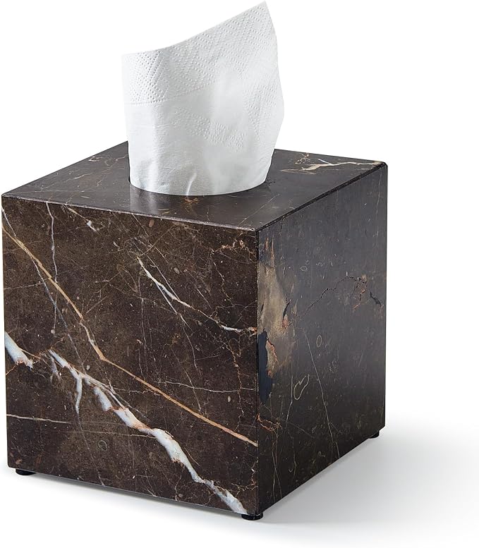 Real Natural Marble Tissue Box Cover, 5.5 Inch Square Marble Tissue Box Holder with Open Bottom, Heavy Stone Decorative Organizer for Bathroom Vanity, Kitchen Countertop, Luxury Home Décor