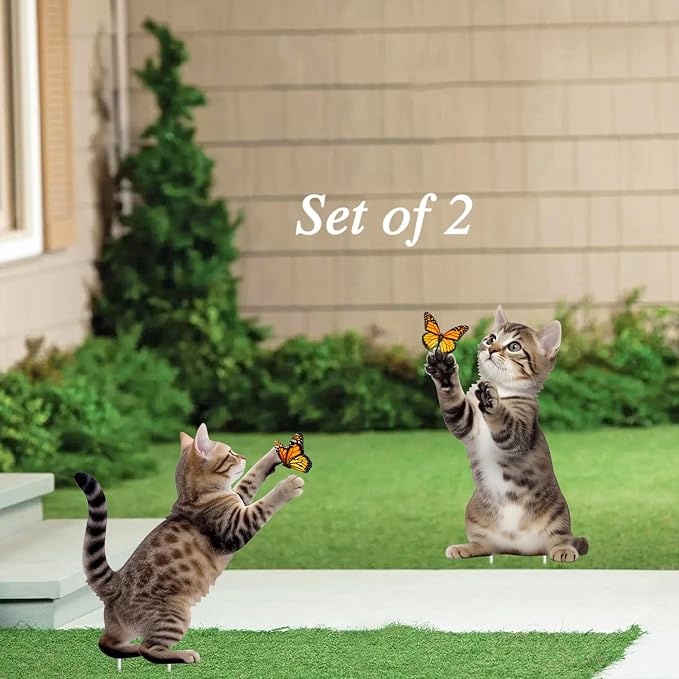 Set of 2 Metal Cat Garden Stakes, Realistic Cats Playing with Butterflies, Outdoor Yard Lawn Patio Decor