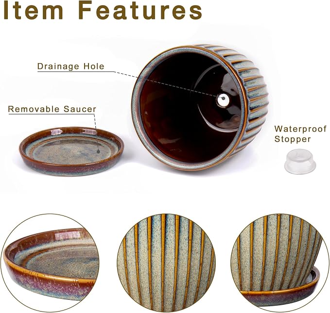 Oairse Ceramic Pots for Indoor Plants, 4.9 +5.7 inch Set of 2 Brown Plant Pots with Drainage Holes and Saucers Texture Ceramic Planters Indoor Outdoor Flower Planters for Succulent