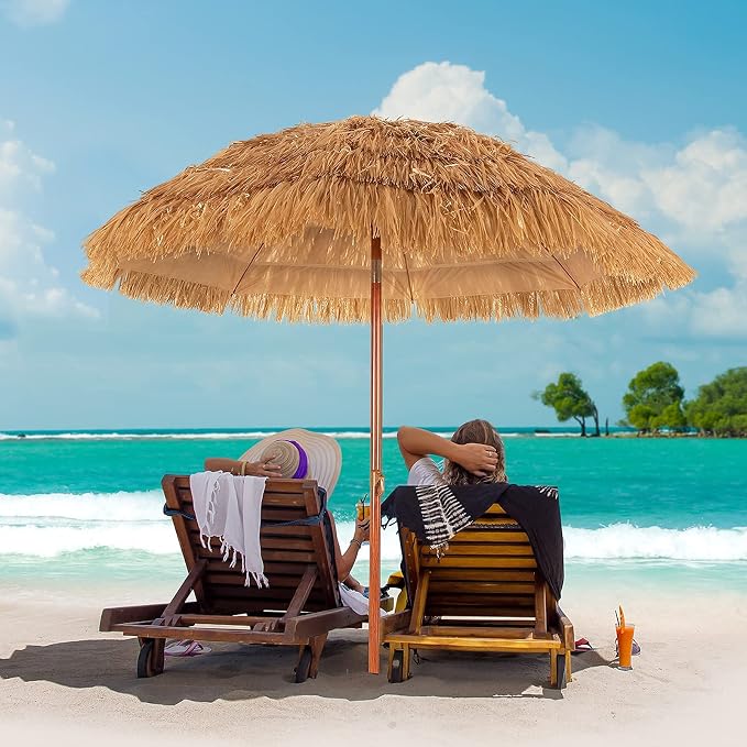 Giantex Thatched Tiki Umbrella, Hawaiian Style Patio Grass Umbrella with 8 Ribs & Tilt Adjustment, Outdoor Portable Beach Sunshade for Yard, Garden & Poolside