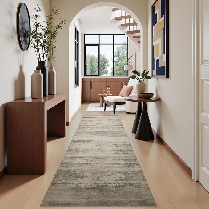 Joydeco 2x6 Modern Abstract Washable Runner Rug – Low Pile Faux Wool with Non-Slip Backing, Neutral Print Carpet Runner for Hallway, Kitchen, Entryway and Bedroom, White&Grey&Brown