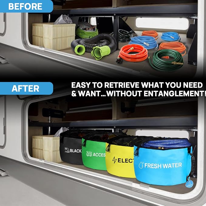 RINBOU 4 Pack RV Hose Storage Bags with Cushioned Soft Rubber Handles, Heavy Duty RV Organization and Storage for Outside Camper Accessories, ID Tags for Fresh/Sewer Hoses, Power Cords