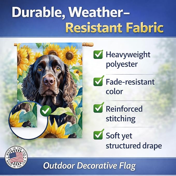 Caroline's Treasures DAC6011CHF American Water Spaniel in Sunflowers House Flag Large Porch Sleeve Pole Decorative Outside Yard Banner Artwork Wall Hanging, Polyester, House Size, Multicolor
