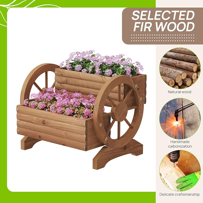 Wooden Wagon Planter with Wheels, Flower Pots, Brown, Large | Outdoor Flower Cart, For Patio Balcony Decoration, Succulent Flower Pot, Indoor Backyard Yard Decor