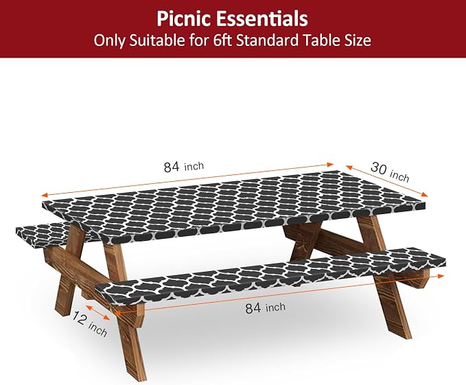 7ft Picnic Table and Bench Cover, Camping Essentials RV Gear, 84 in Waterproof Windproof Outdoor Elastic All Around Tablecloth, Fitted Rectangle Tables and Seats, Black-White Moroccan